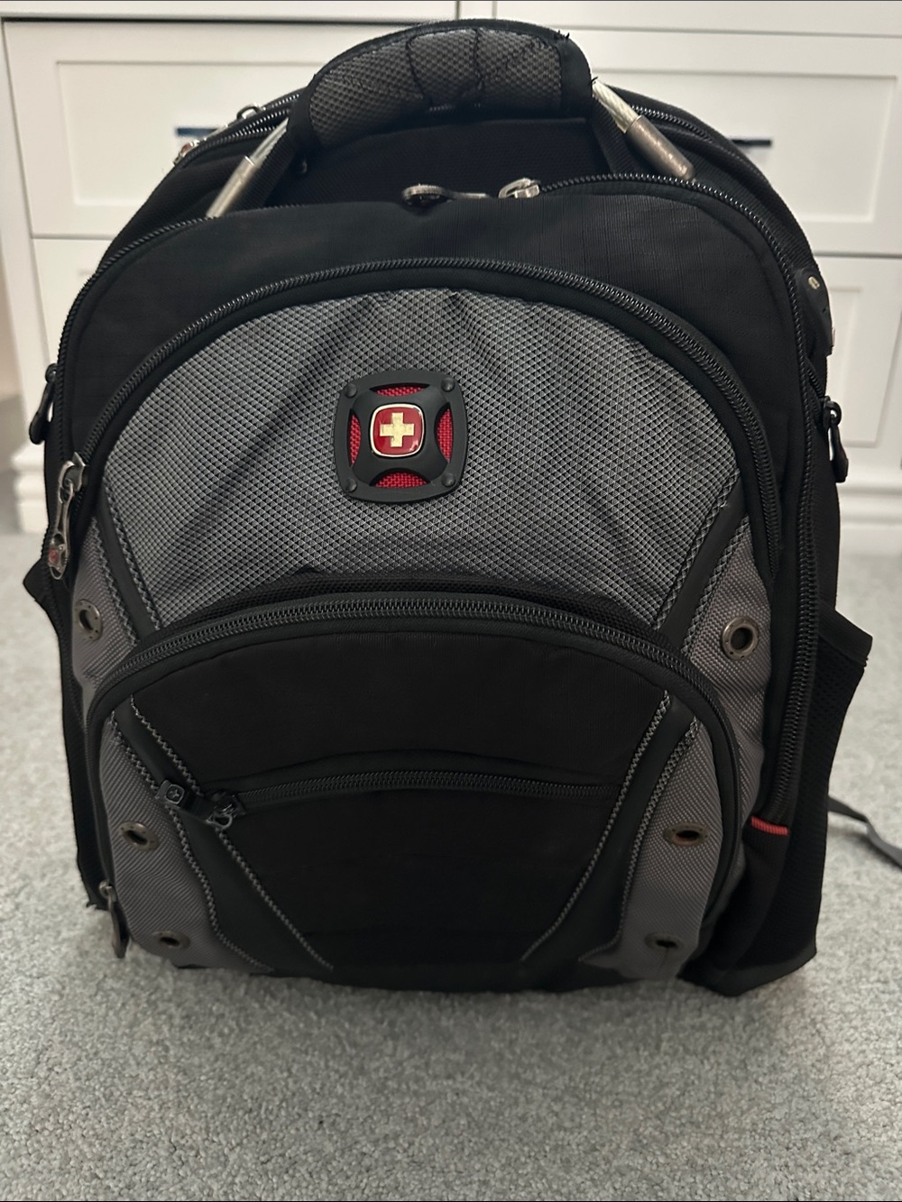 Swiss Gear black and gray backpack. Multiple pockets.